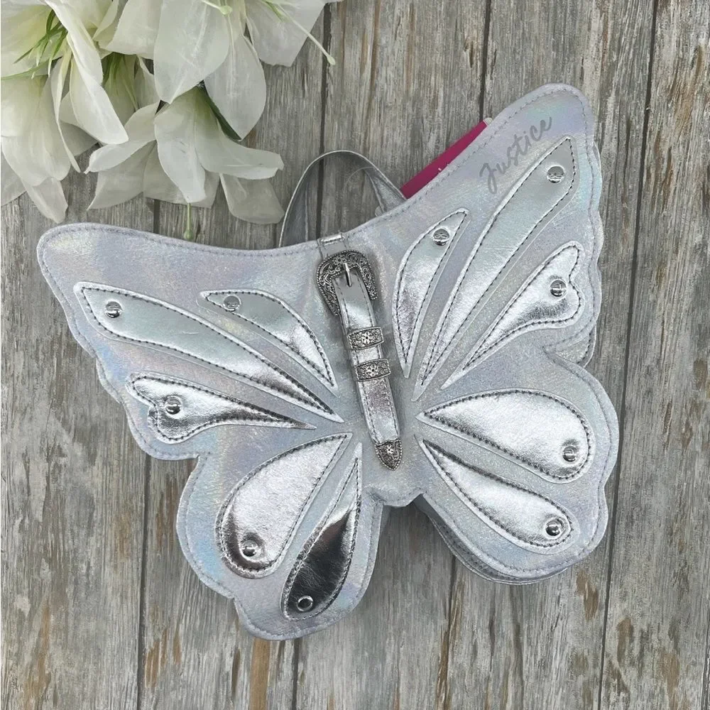 Justice Girls Butterfly Shaped Mini Backpack, Silver